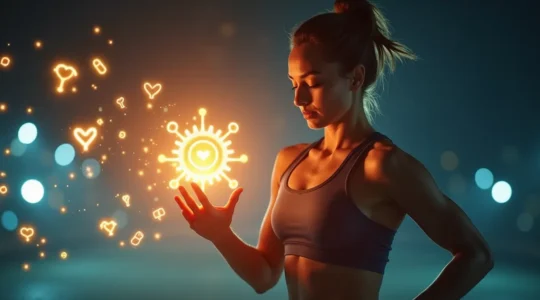 Conceptual visual of an athlete surrounded by glowing icons of supplements and immune symbols