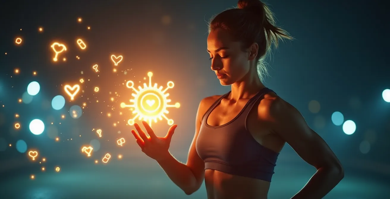 Conceptual visual of an athlete surrounded by glowing icons of supplements and immune symbols
