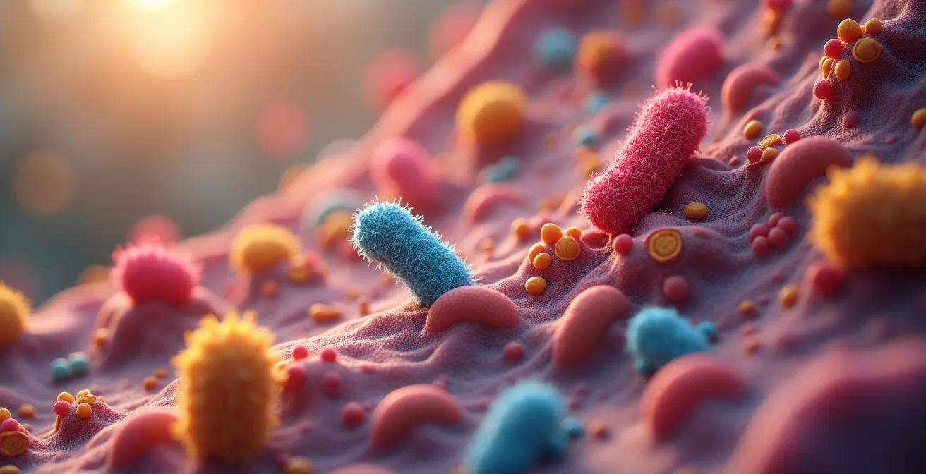 Macro shot of healthy gut microbiome represented by diverse bacteria visuals